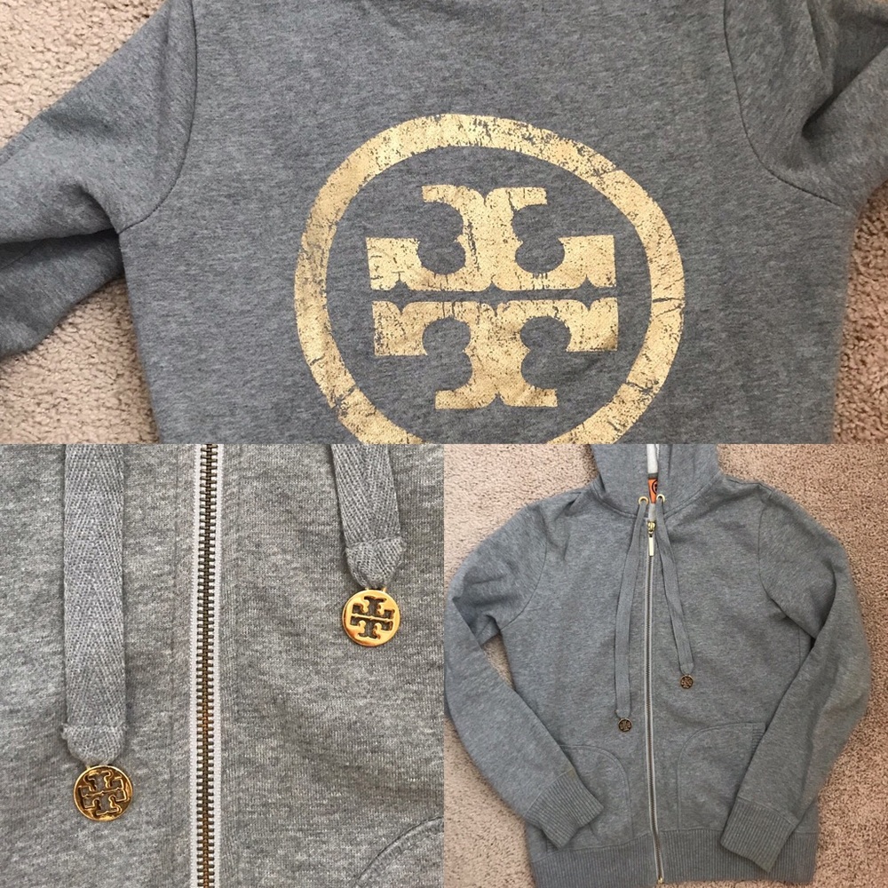 Tory Burch Grey and Gold Logo Hoodie. Sz S.